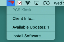 Weds is partly visible. PCS Kiosk is grayed out. Client Info... Availalable Updates: 1 and Install Software... are the three menu choices